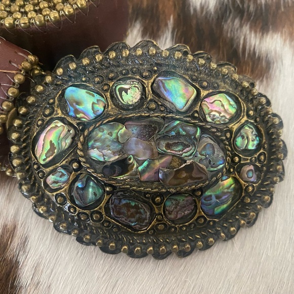 EUC Vintage LEATHEROCK Soft Leather Brass Belt and Abalone Buckle Set main image 4